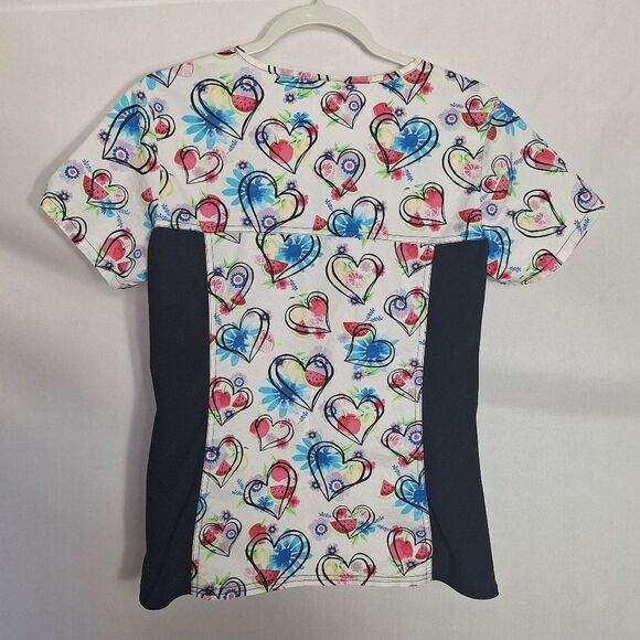 Cherokee Scrub Top Heart Daisy Short Sleeve Stretchy Medical Nurse Work Small - Picture 5 of 7